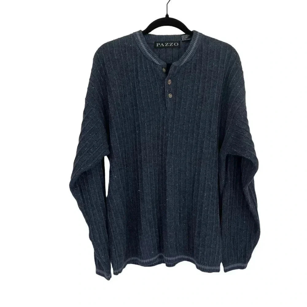 Henley Sweater Pazzo Men L Half Button Blue Pullover Blue Trim Wide Ribbed Ramie